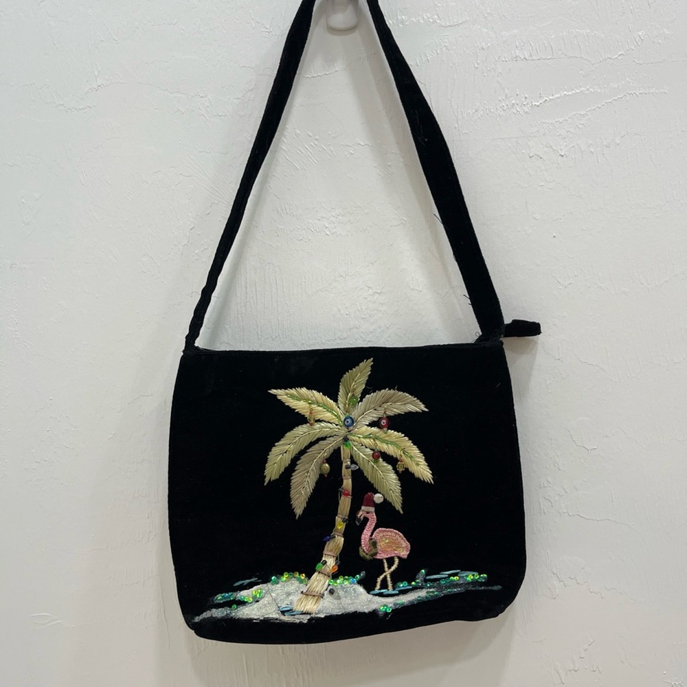 Capelli Velvet Black Embroidered Palm Tree‎ and Flamingo Women's Bag